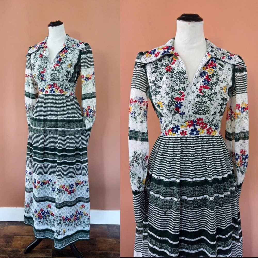 Vintage 1960s Floral Eyelet Maxi Dress / Green & White with Flower Accents